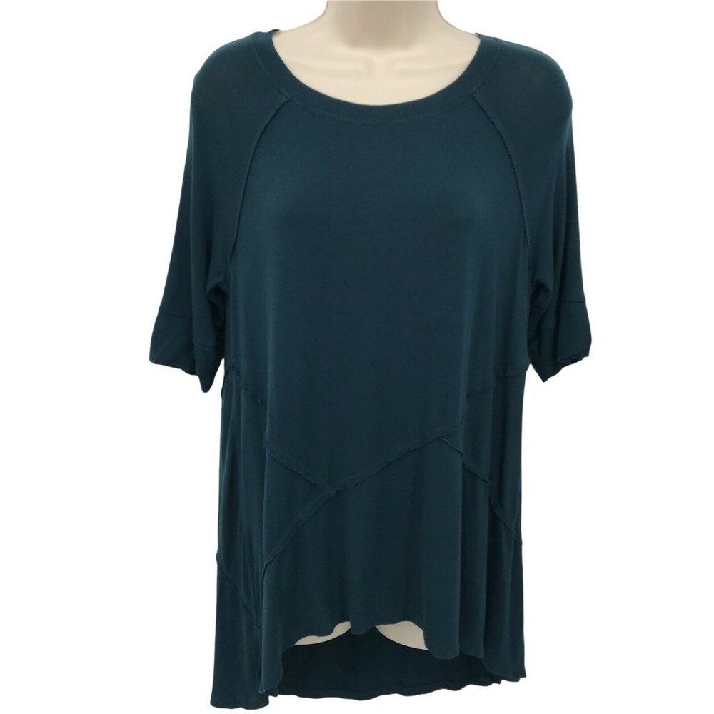 Yarn & Sea Womens Round Neck Raw Seam Teal Blue Tunic Blouse Top Size Small